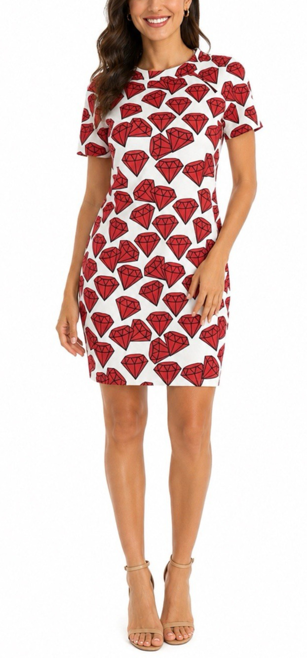 Aniye By Mini Dress Diamond Print Red Short Sleeve Slip Pockets Crew Neck 38 XS